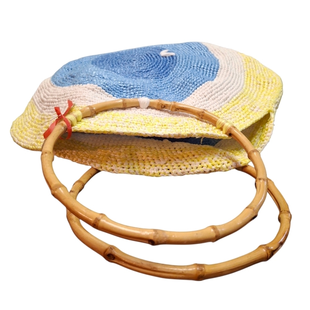 Handmade Round Concentric Circles Plastic Weave Bamboo Handles Large Purse Bag - Picture 6 of 16
